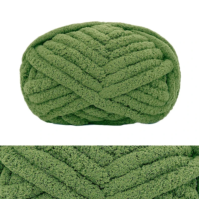 A ball of chunky green chenille yarn with a textured, ribbed pattern.