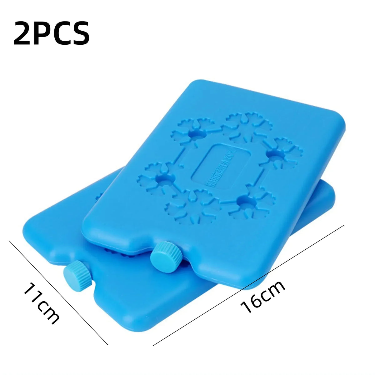 Two blue reusable leak-proof ice packs with molded designs shown next to a measurement scale.