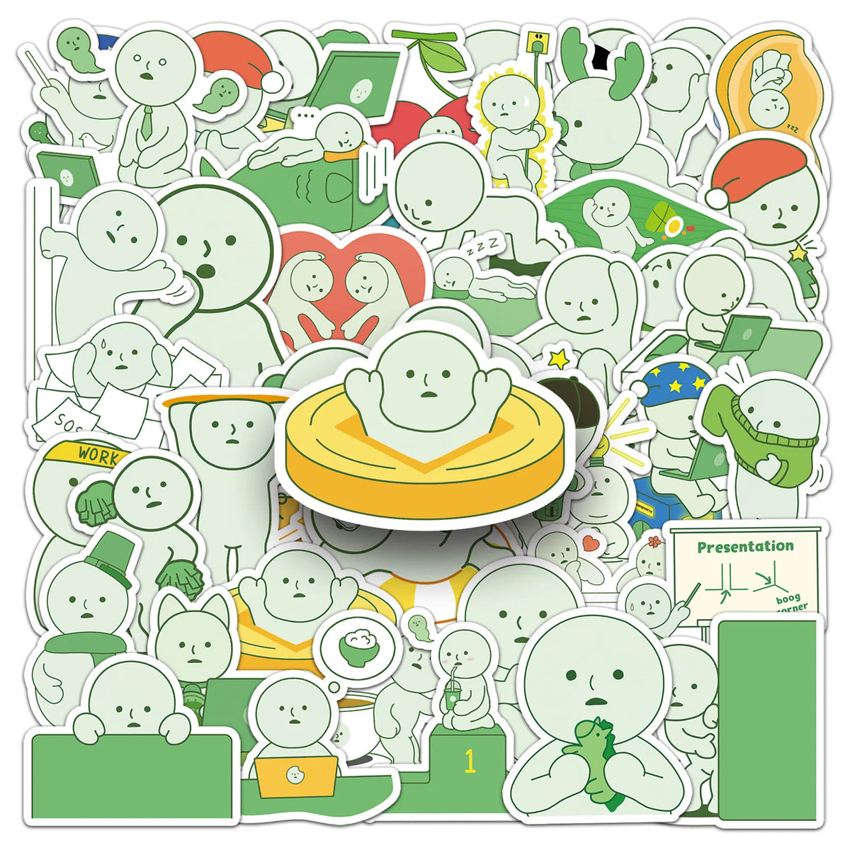 A collection of cute Smiski cartoon stickers featuring various characters and scenes.