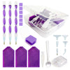 A complete diamond painting accessory kit featuring tools, purple beads, and a clear storage box.