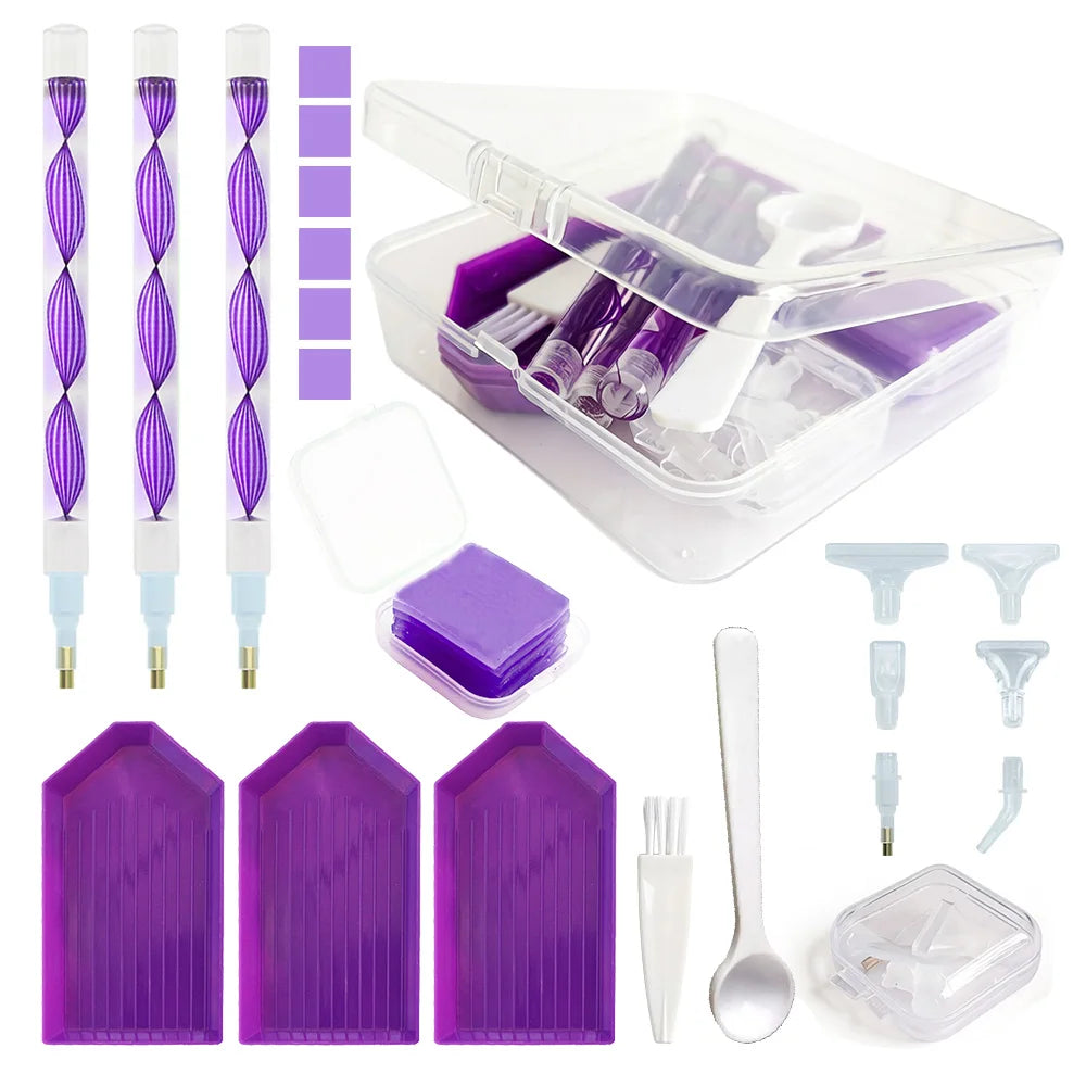 A complete diamond painting accessory kit featuring tools, purple beads, and a clear storage box.