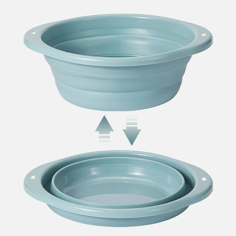 A light blue foldable travel wash basin shown from a top view and an inverted view.