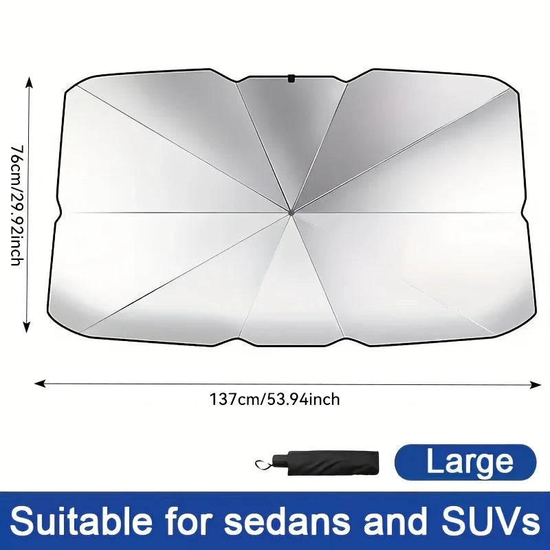 Silver foldable car windshield sunshade umbrella suitable for sedans and SUVs