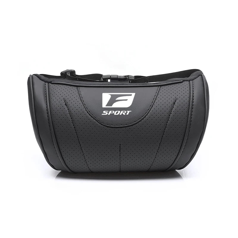 Black memory foam car seat headrest neck pillow with an F Sport logo.