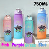 A set of 750ml portable sports water bottles in pink, purple, green, and blue colors displayed on a white surface.