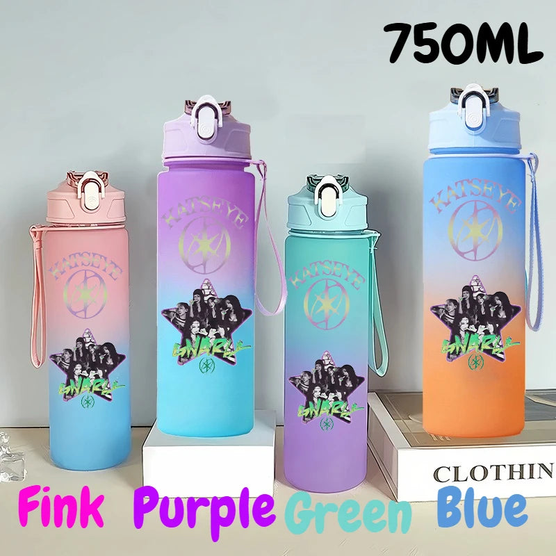 A set of 750ml portable sports water bottles in pink, purple, green, and blue colors displayed on a white surface.