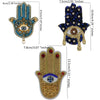 Three handprint designs made of blue and gold beads and rhinestones for clothing and crafts