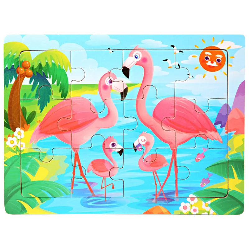 A colorful jigsaw puzzle featuring pink flamingos, tropical plants, and a bright orange sun over blue water.