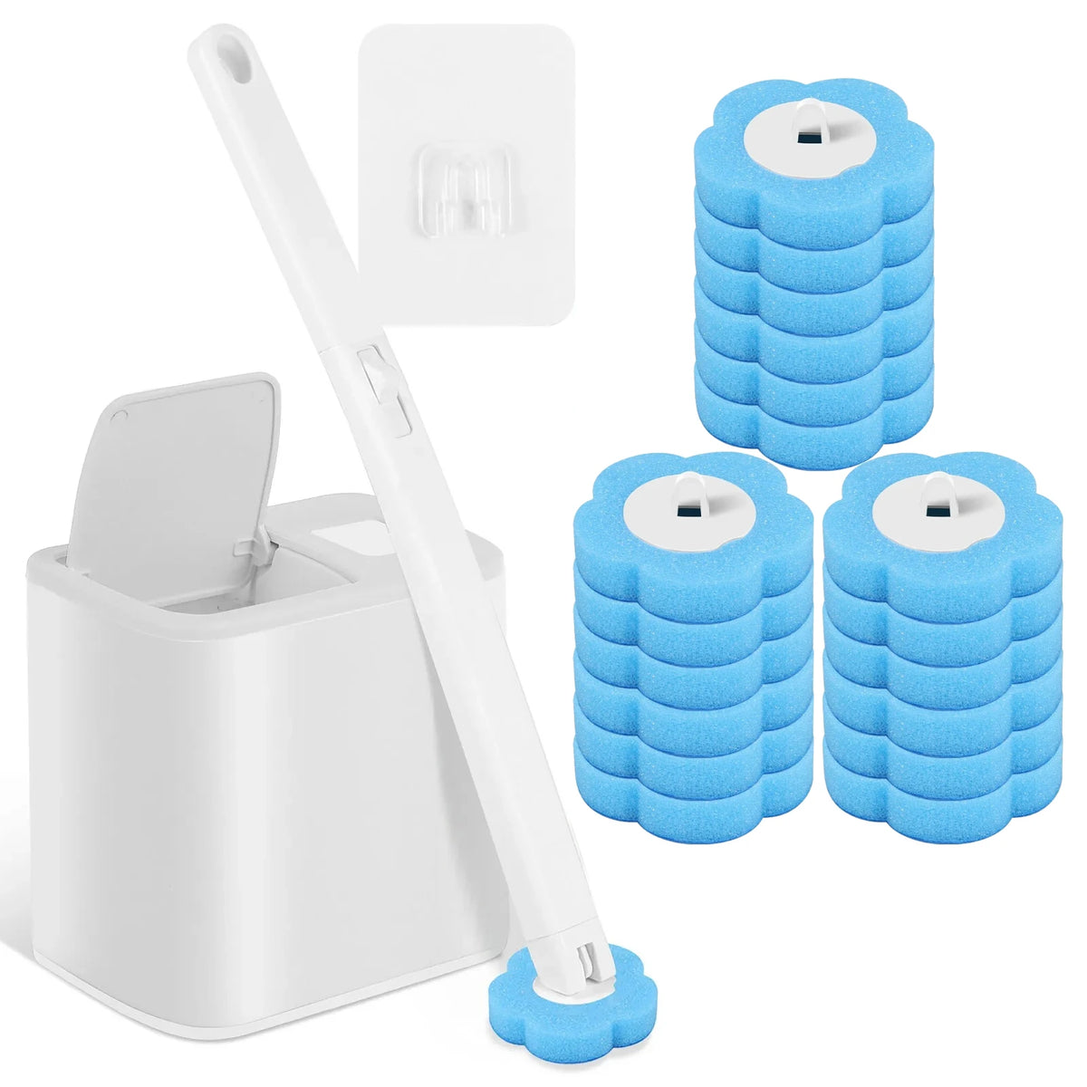 A disposable toilet brush set featuring a long handle, wall-mount holder, and two blue foam brushes.