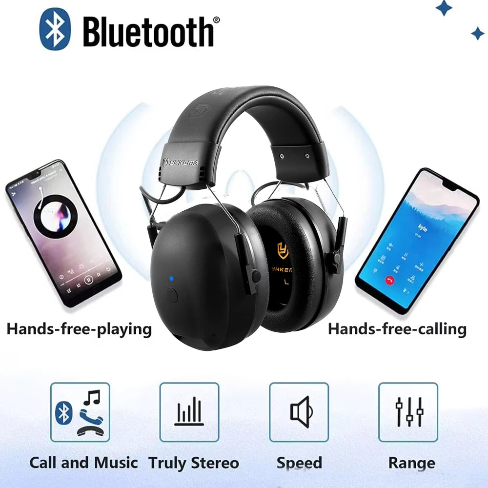 Black Bluetooth hearing protection earmuffs shown with smartphone usage icons for calling, music, stereo, speed, and range.