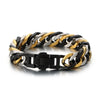 A chunky stainless steel Cuban chain bracelet featuring alternating black, gold, and silver links.