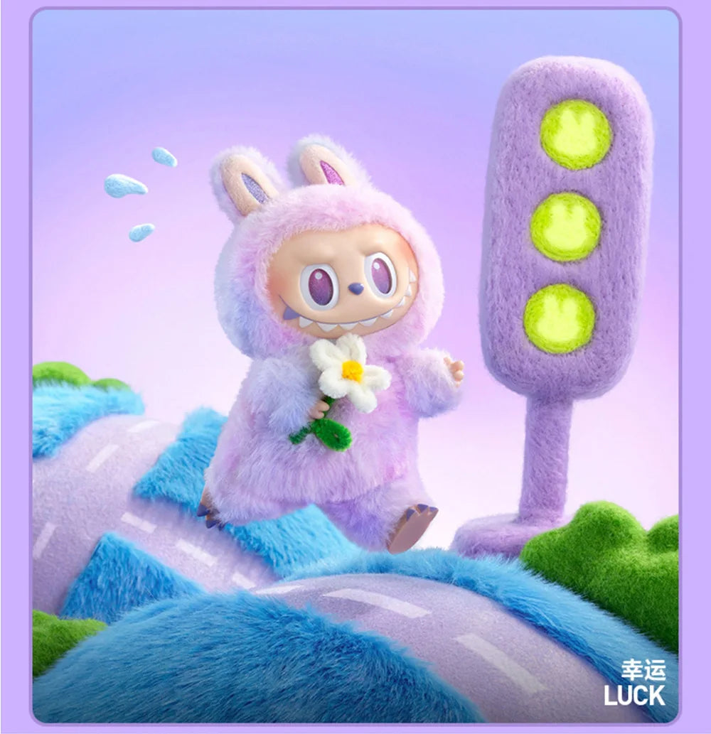 A fluffy purple Labubu plush doll with large ears and a white flower is shown next to a purple light switch.