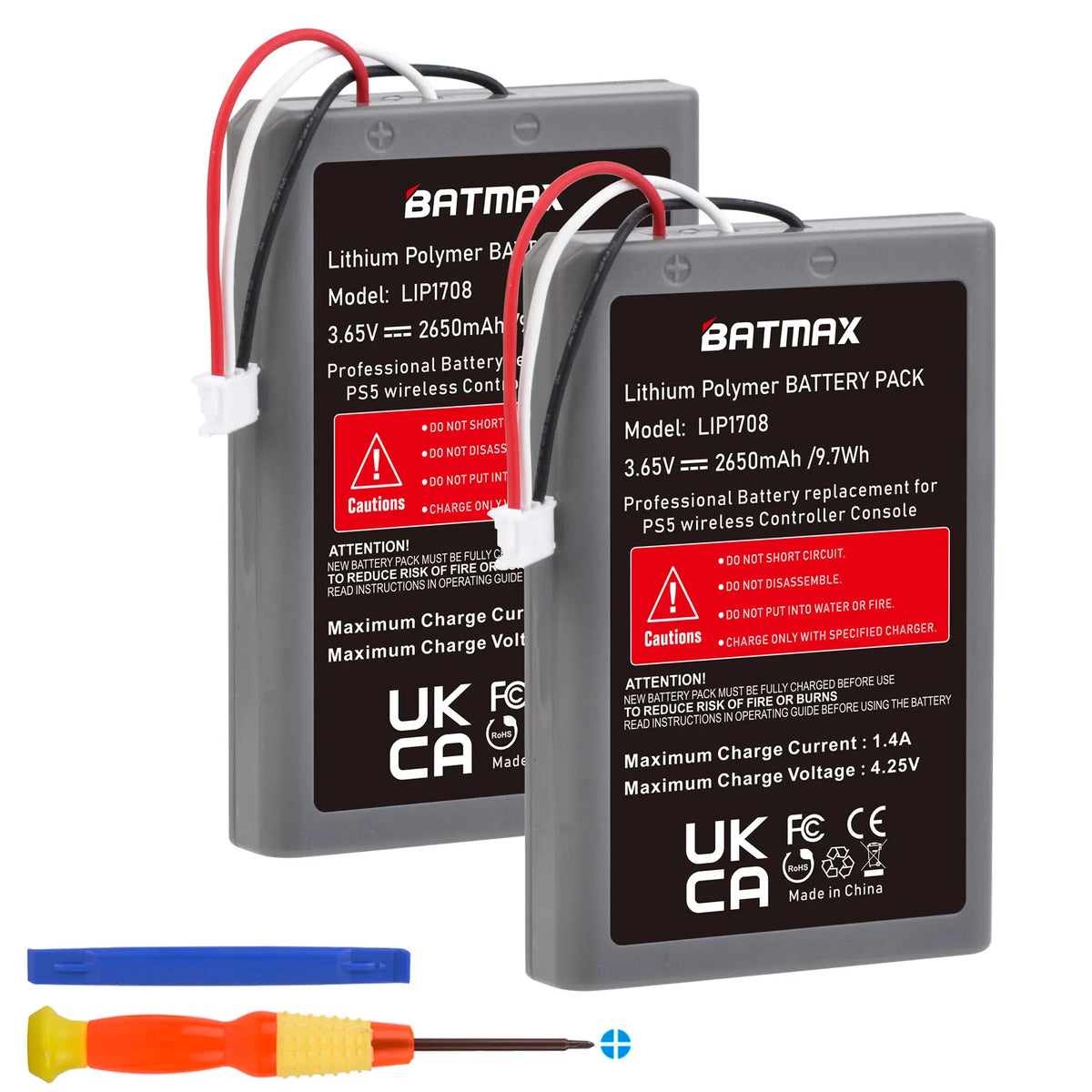 A pack of Batmax Lithium Polymer batteries for a PS5 wireless controller, shown next to a soldering iron tip.