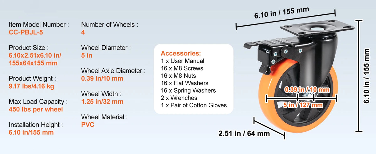 Heavy-Duty Swivel Plate Casters with Dual Locking Brakes (Set of 4)