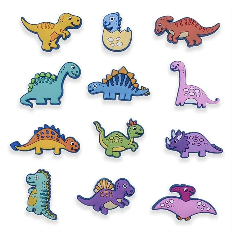 A set of colorful PVC pins shaped like various dinosaurs and mythical creatures for decoration.