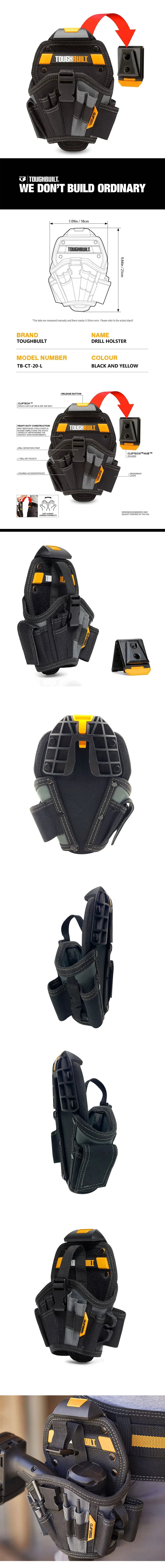 Black and yellow ClipTech Heavy-Duty Drill Holster with belt hub shown in various views.