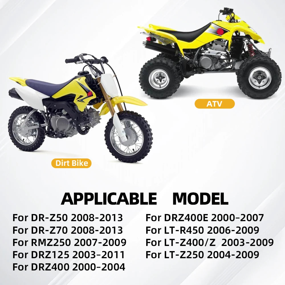 Yellow and black ATV and dirt bike models are shown with applicable model lists.
