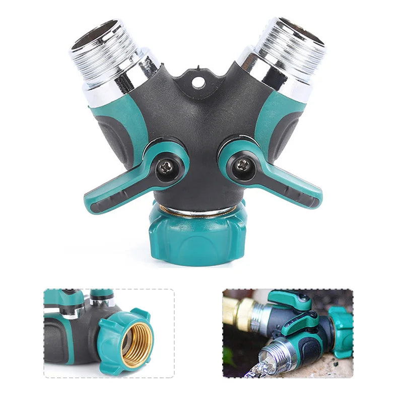 A durable garden hose Y-splitter with independent valve control in black and teal plastic.