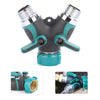 A durable garden hose Y-splitter with independent valve control in teal and black.