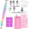 A set of 5D diamond painting pens with steel tips, a clear storage tray, and a pink plastic tray.