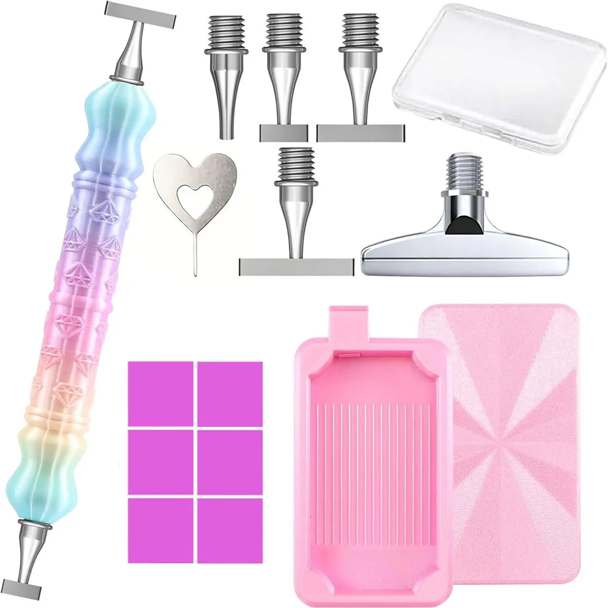 A set of 5D diamond painting pens with steel tips, a clear storage tray, and a pink plastic tray.