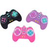 Three silicone game controllers in black, purple, and pink for babies