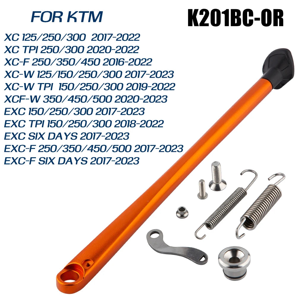 Orange KTM side stand kit for various models including XC, TPI, and F series with ABS foot.