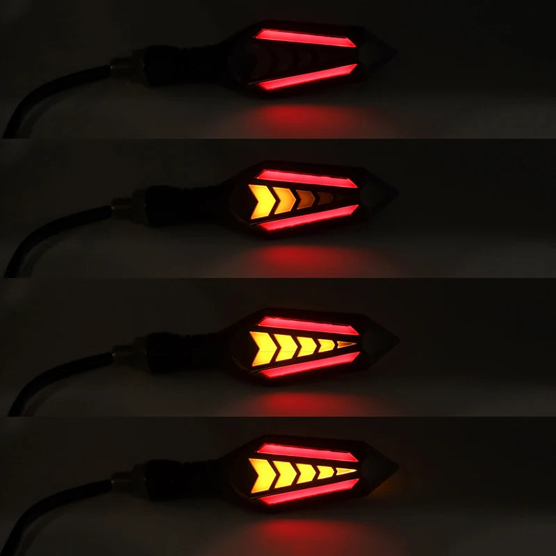 Three versions of universal 12V motorcycle LED flowing turn signal indicators shown in close-up.