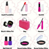 A collection of various makeup products including liquid foundation, lipstick, blush and glitter pot, bag, mascara, nail poli