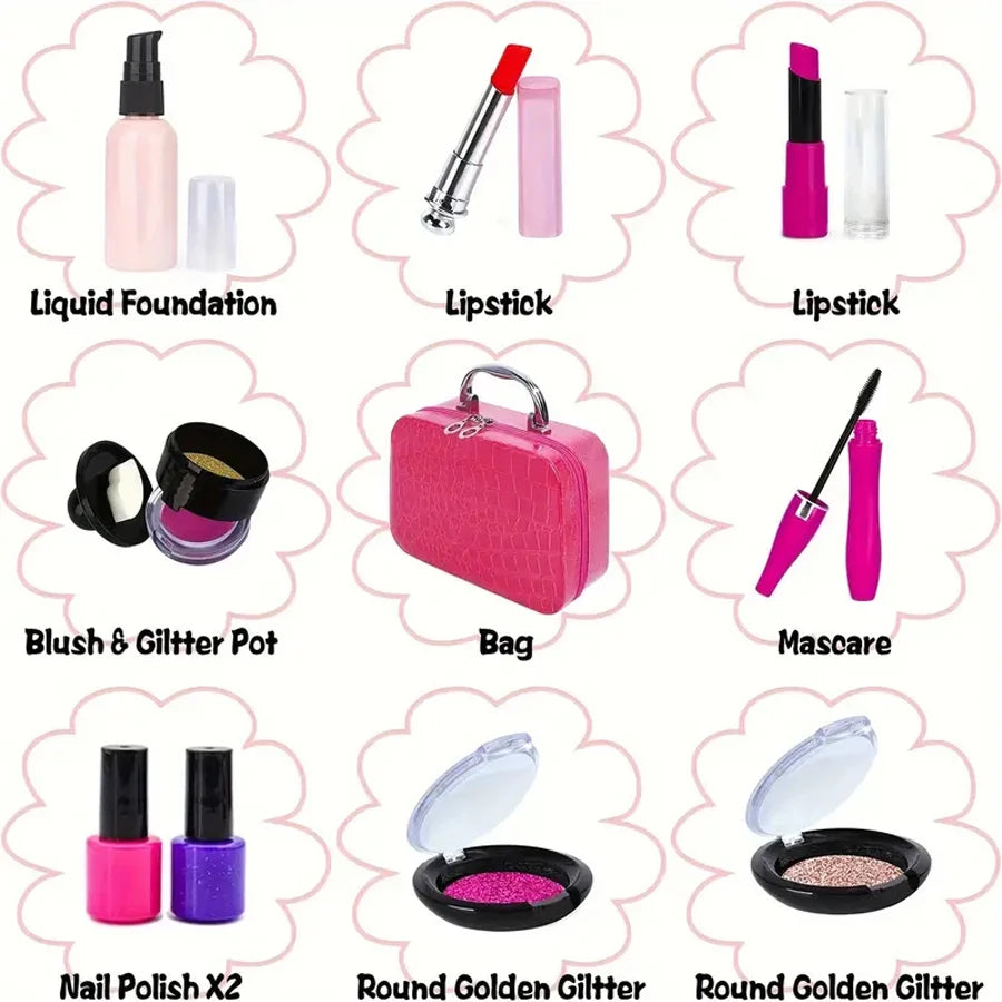 A collection of various makeup products including liquid foundation, lipstick, blush and glitter pot, bag, mascara, nail poli