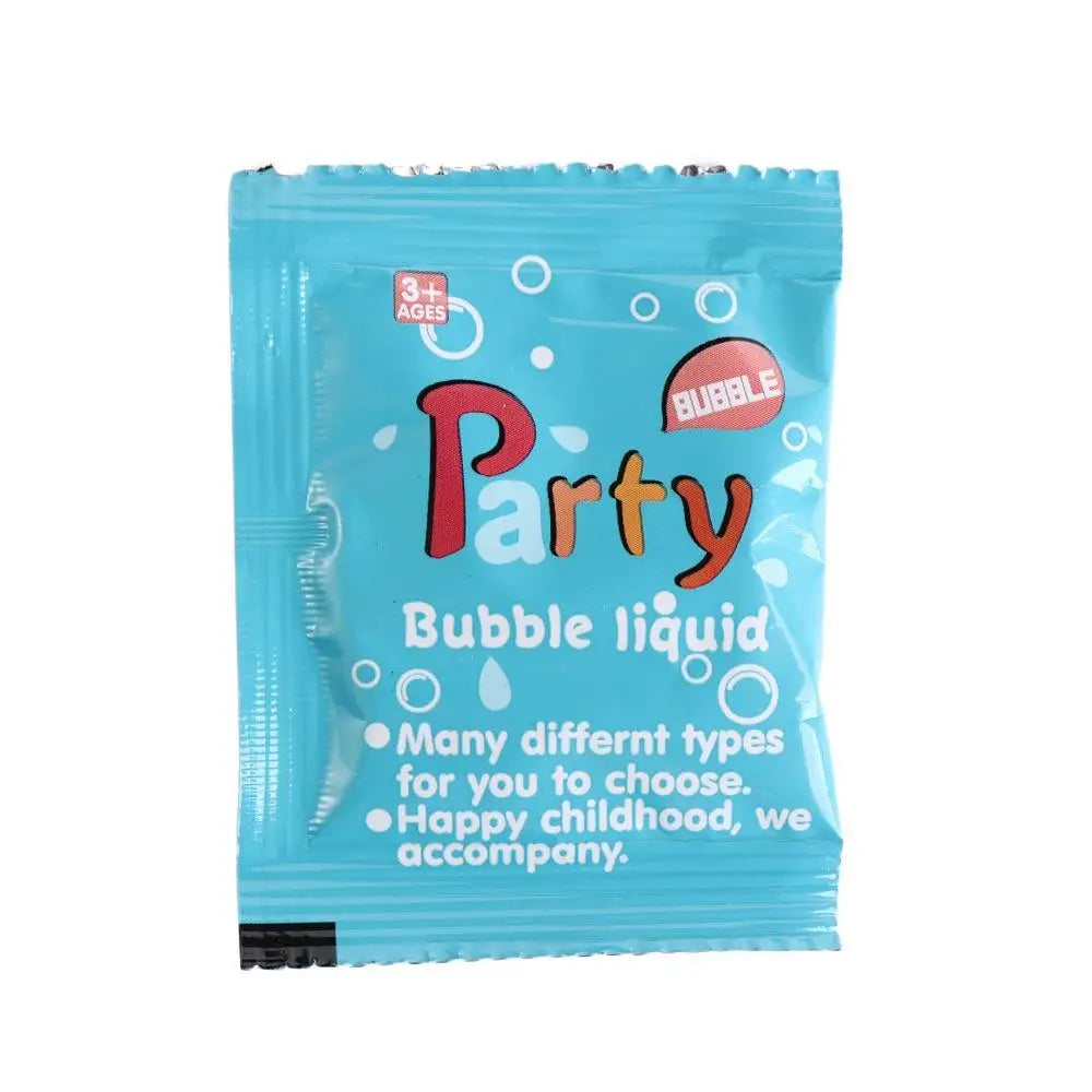 A blue plastic pouch containing a 5-pack of bubble liquid refills for parties.
