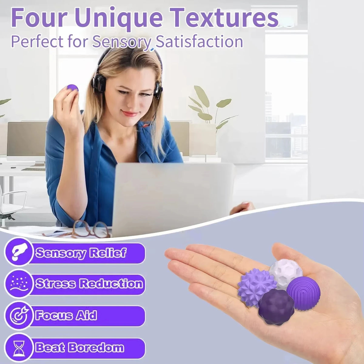 A hand holds purple and white magnetic silicone sensory balls for stress relief and focus aid.