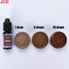 A set of brown liquid candle dye in a dropper bottle shown with 1, 5, and 10 drops on a surface.