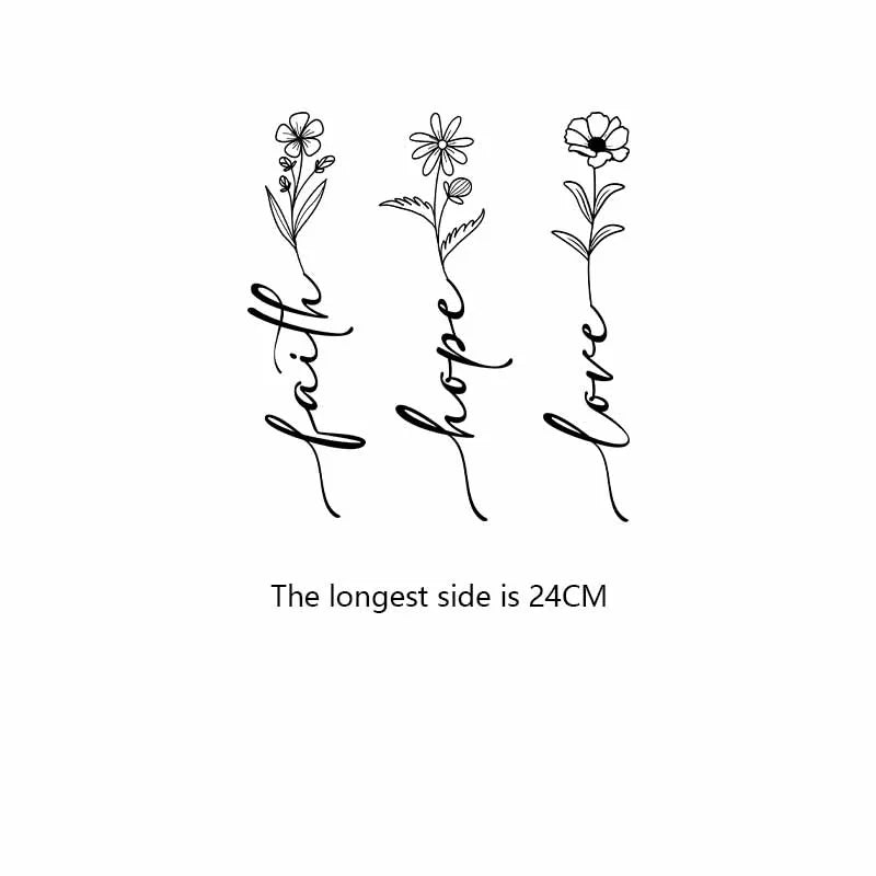 Outline drawing of three floral designs for faith hope and love iron-on patches