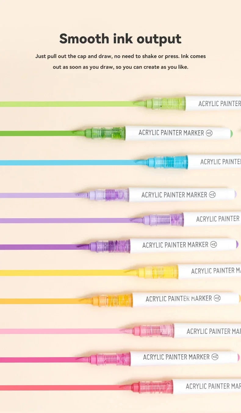 A collection of acrylic paint markers in various colors, demonstrating smooth ink output for art and DIY projects.