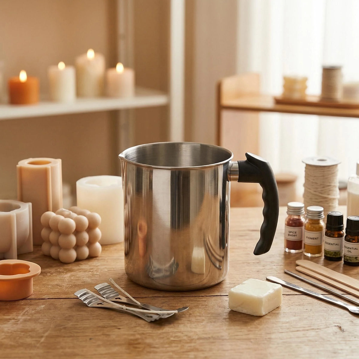 A stainless steel wax melting pitcher with a black handle sits on a wooden surface surrounded by candles and utensils.