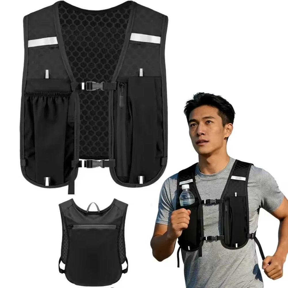 Black lightweight hydration vest shown on a man, featuring multiple compartments for water bottles and gear.