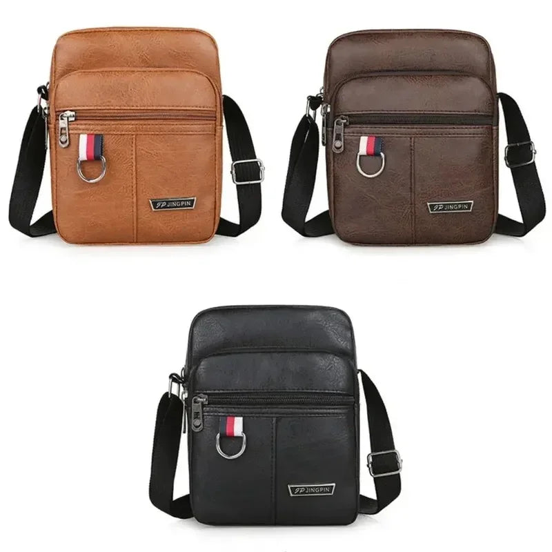Un ensemble de trois sacs crossbody pour hommes en cuir marron, brun foncé et noir.