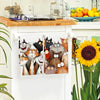 A set of two cartoon cat kitchen towels featuring various feline characters in watercolor style.