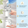 Diagram showing the three steps to use a touchless automatic soap dispenser: opening the lid, rotating and tightening the pum