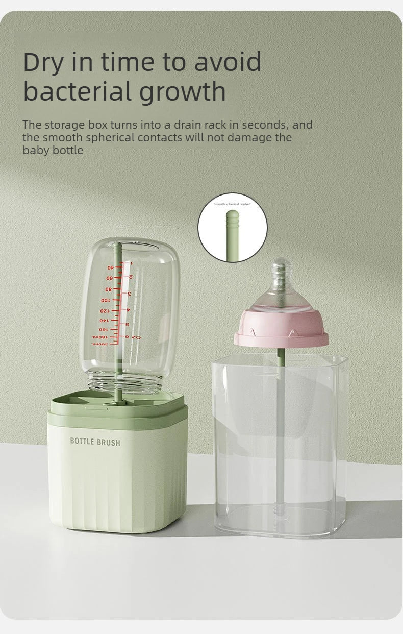 A clear storage box with a silicone baby bottle brush drying rack and a plastic baby bottle.