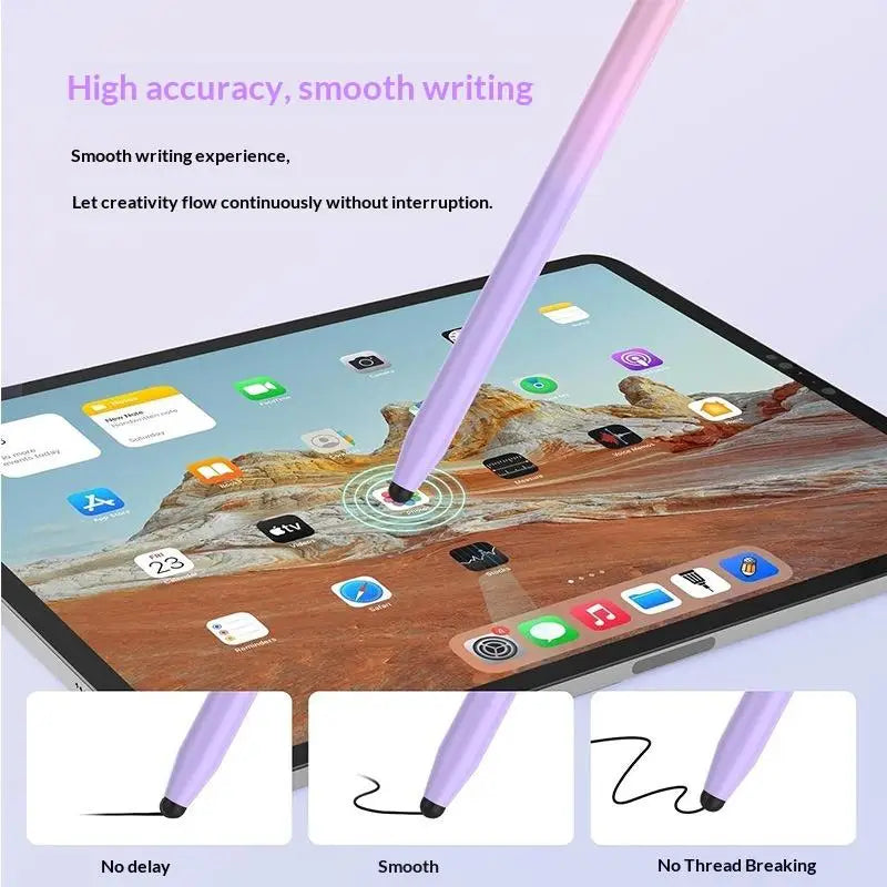 A pink dual-nib capacitive stylus pen is shown interacting with a tablet screen, demonstrating smooth writing and no thread b