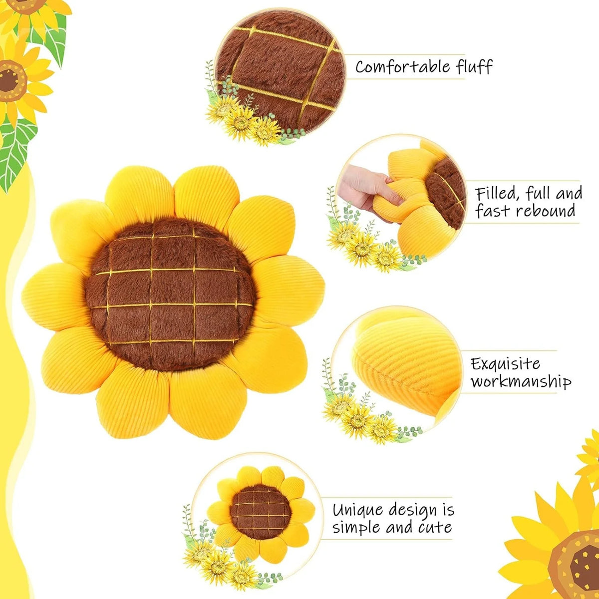 A yellow sunflower shaped floor pillow with brown accents and fluffy texture.