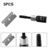 Five pieces of an automotive windshield crack repair kit including metal strips and a tool