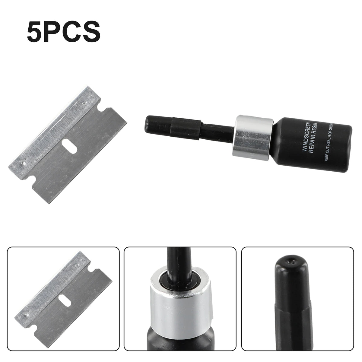Five pieces of an automotive windshield crack repair kit including metal strips and a tool