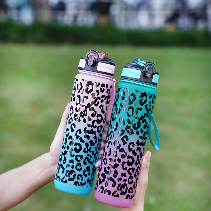Leopard Print Sports Water Bottle with Straw