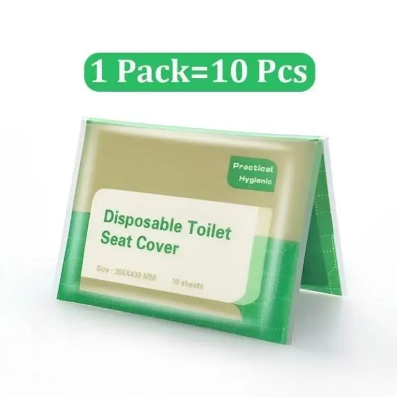A package of 10 disposable toilet seat covers in a green and beige color.