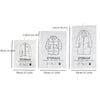 Hanging vacuum storage bags for clothes showing various garments like shirts, coats, jackets, and sweaters.