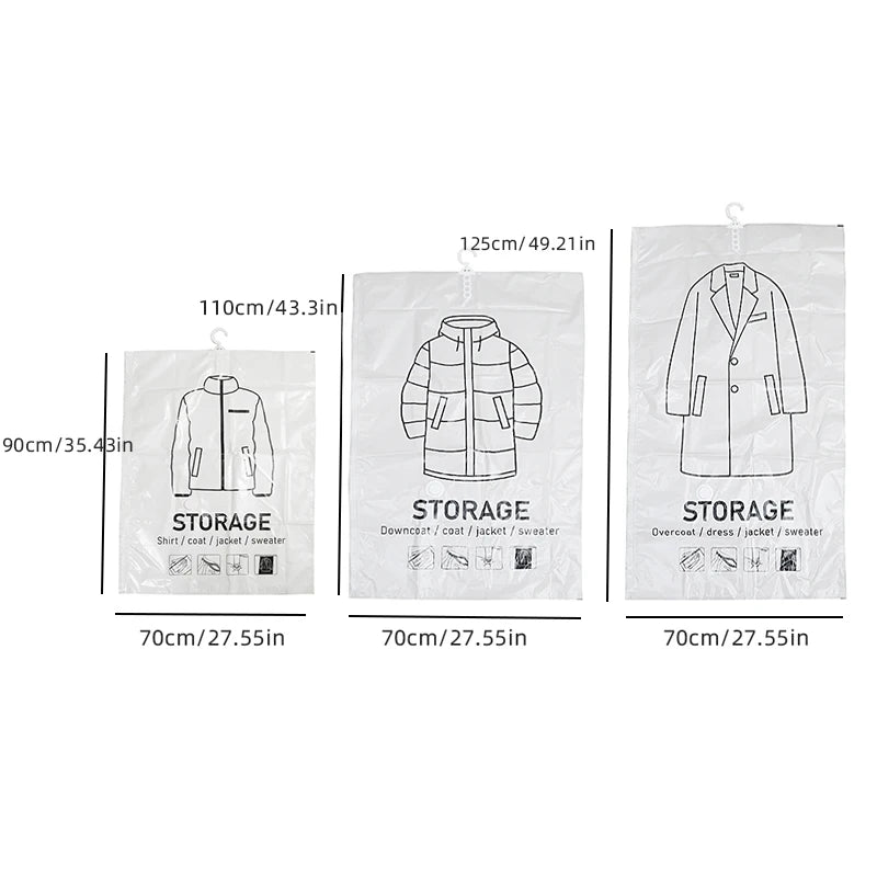 Hanging vacuum storage bags for clothes showing various garments like shirts, coats, jackets, and sweaters.