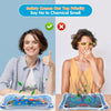 A blue inflatable baby water play mat is shown with a woman demonstrating its use for sensory development.